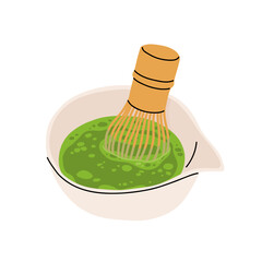 Japan matcha cocktails. Icon of matcha drinks with latte , frappuccino, mojito, lemonade and coffee tonic. Green iced matcha latte in various cups. Flat cartoon vector illustration