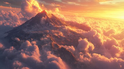 Fototapeta premium Sunset Mountain Peak Aerial View, Cloudscape, Fantasy Background