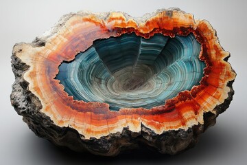 Obraz premium Petrified wood with vibrant orange, teal, and beige rings, showcasing the stunning beauty of fossilized nature.
