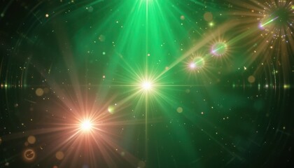 Naklejka premium Nightclub stage lights, vibrant green and orange, particles, bokeh