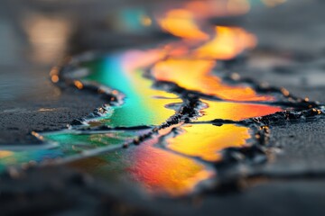 Beautiful rainbow reflection in puddle on wet asphalt after rain