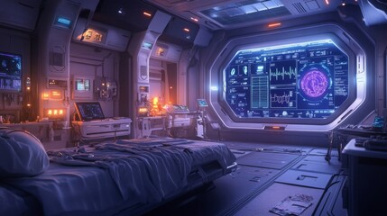 Obraz premium Futuristic spaceship bedroom with glowing control panel and data screen