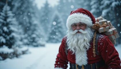 Snowy forest Santa carries gifts, Christmas card