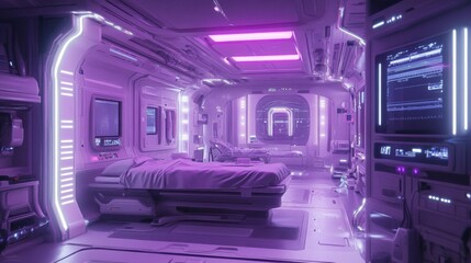 Obraz premium Futuristic Hospital Room with Glowing Neon Lights and Sleek Technology