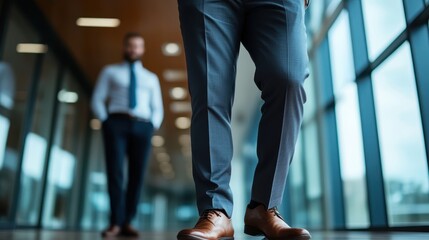 Fototapeta premium A well-dressed man strides confidently through a contemporary office, exuding professionalism and ambition, reflecting the fast-paced dynamics of modern business environments.