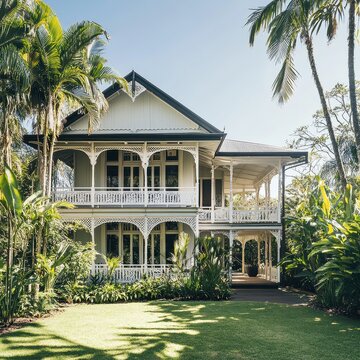 Traditional Queenslander house exterior surrounded by lush tropical garden