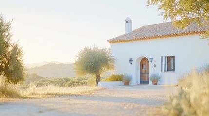 Fototapeta premium Idyllic exterior view of a traditional Spanish hacienda at sunset