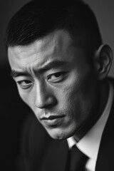 Black and white portrait of a Chinese man in a reflective mood