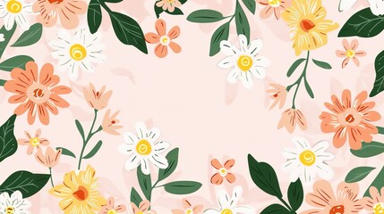 A charming spring background adorned with an array of spring flowers and delicate daisies. The vibrant colors and sweet scents of these blossoms create a refreshing and inviting atmosphere