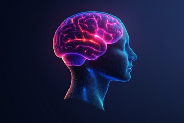 Futuristic glowing neon brain in blue and pink hues against a dark background, symbolizing artificial intelligence, cognitive enhancement, and digital neuroscience innovation