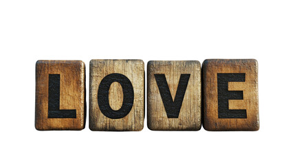 The image shows four rustic wooden blocks spelling the word love against a black background.