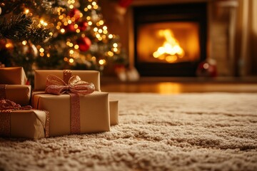 Cozy family holiday scene with presents by the fireplace warm living room festive atmosphere close-up view