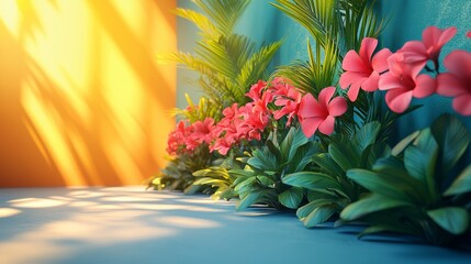 Tropical Garden with Pink Hibiscus Flowers