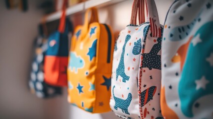 Colorful kids' backpacks hanging on a shelf, featuring dinosaur and star patterns.