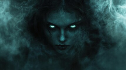 A mysterious goddess of shadows, shrouded in dark mist, her glowing eyes piercing through the darkness, surrounded by ghostly forms