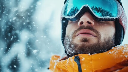 Focusing on a determined male skier in vibrant winter gear, the image captures his resolute expression amid a snowy landscape, portraying confidence in winter sports.