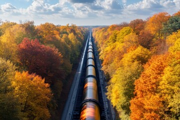Obraz premium Train travels through colorful autumn foliage in a picturesque landscape