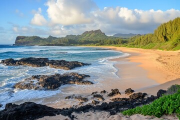 Tranquil Beach Landscape with Rocky Shoreline and Lush Green Hills in the Background at Sunset on an Idyllic Tropical Island