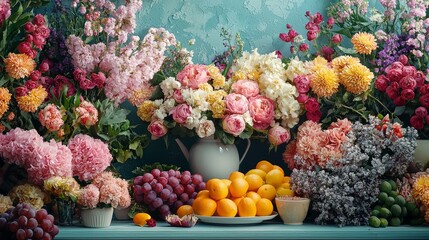 Colorful Assortment of Fresh Flowers and Fruits