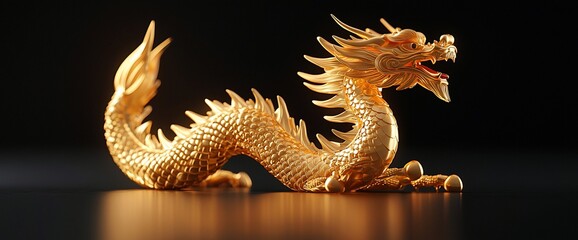 Fototapeta premium Golden Chinese dragon figurine on black background.