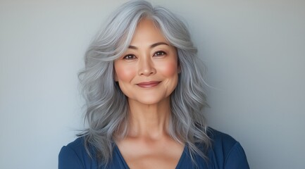 Fototapeta premium Mature woman with silver hair smiling while wearing a blue shirt against a neutral background