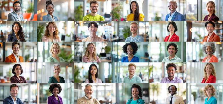 Diverse group of smiling professionals in a modern office environment