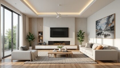 Modern living room interior with fireplace, tv, and panoramic view