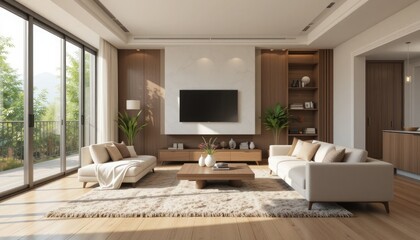 Modern living room, sunlight, mountain view, interior design, home decor