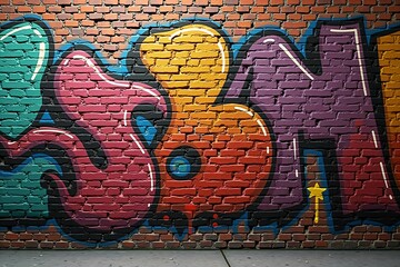 Vivid Multicolored Graffiti Patterns on Brick Wall Texture, Highlighting Bold Urban Artistic...