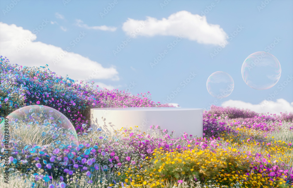 Aufkleber abstract spring flowers landscape scene with white podium and soap bubbles. 3d rendering.