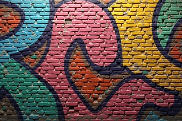 Vivid Multicolored Graffiti Patterns on Brick Wall Texture, Highlighting Bold Urban Artistic...