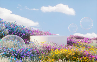 Obraz premium Abstract spring flowers landscape scene with white podium and soap bubbles. 3d rendering.