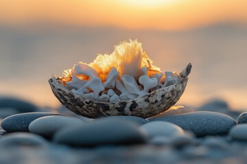 Sunrise illuminates a seashell filled with delicate, bleached bone fragments on a pebble beach.