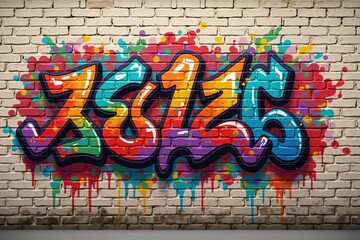 Vivid Multicolored Graffiti Patterns on Brick Wall Texture, Highlighting Bold Urban Artistic...