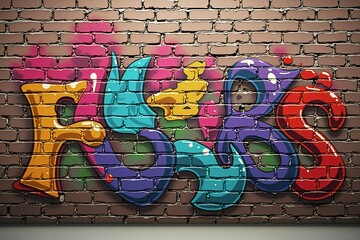 Vivid Multicolored Graffiti Patterns on Brick Wall Texture, Highlighting Bold Urban Artistic...