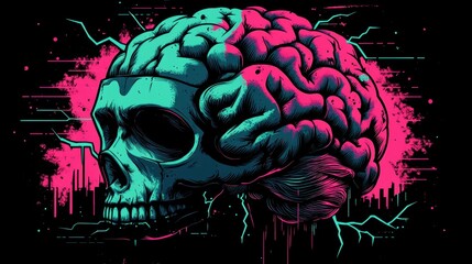 Colorful Artistic Rendering of Skull and Brain With Electric Elements