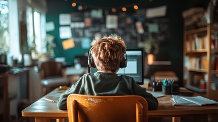 A young boy is focused on his online learning at home while wearing headphones, sitting at a desk surrounded by various school supplies and a computer screen.