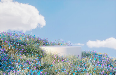 Abstract spring flowers landscape scene with white podium and soap bubbles. 3d rendering.