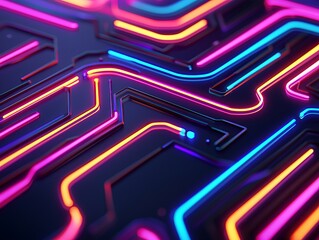 A vibrant, abstract design featuring glowing neon lines in a circuit-like pattern on a dark background, evoking a modern, tech-inspired aesthetic.