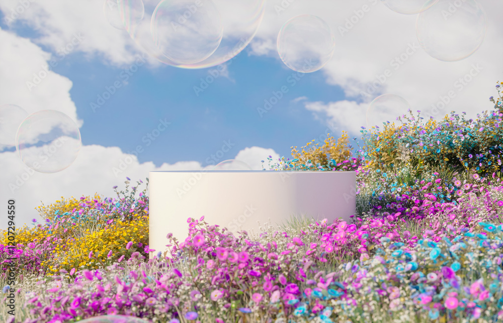 Aufkleber abstract spring flowers landscape scene with white podium and soap bubbles. 3d rendering.
