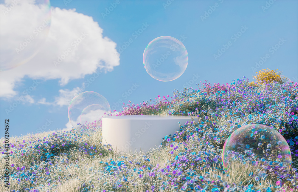 Aufkleber abstract spring flowers landscape scene with white podium and soap bubbles. 3d rendering.