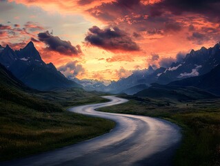 Photo of a Serene Mountain Road at Sunset
