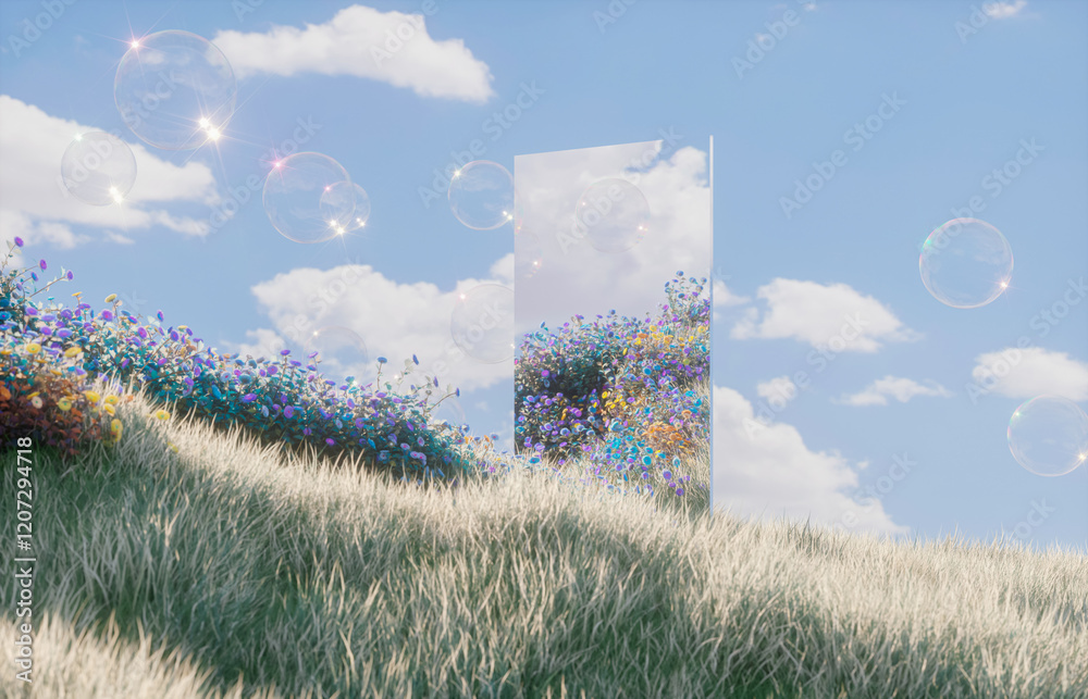Aufkleber Abstract spring flowers landscape scene with mirror reflection and soap bubbles. 3d rendering.
