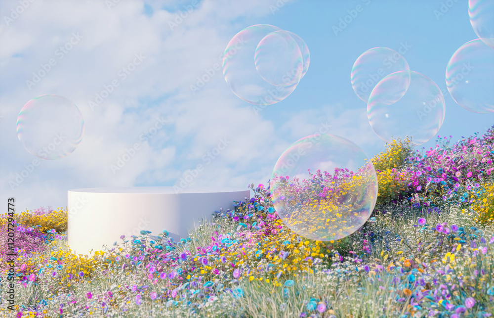 Aufkleber Abstract spring flowers landscape scene with white podium and soap bubbles. 3d rendering.