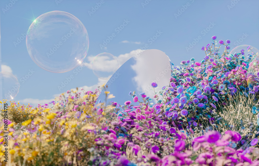 Aufkleber Abstract spring flowers landscape scene with mirror reflection and soap bubbles. 3d rendering.