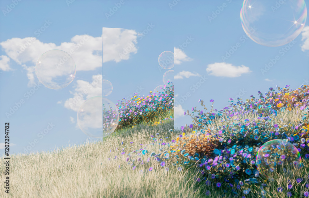 Aufkleber abstract spring flowers landscape scene with mirror reflection and soap bubbles. 3d rendering.