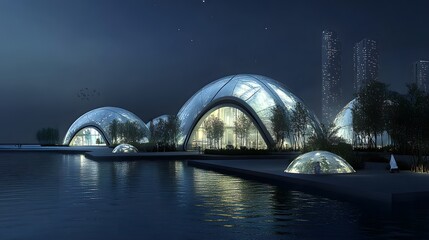 A large building with a dome on top is lit up at night. The building is surrounded by trees and water