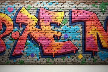 Vivid Multicolored Graffiti Patterns on Brick Wall Texture, Highlighting Bold Urban Artistic...