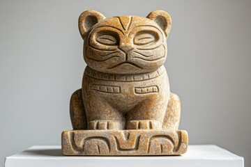 A meticulously carved stone feline figurine, possibly ancient in origin, sits on a base, showcasing intricate detailing and a weathered patina.