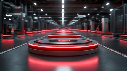 Futuristic Data Center with Red Neon Lights and Circular Platforms